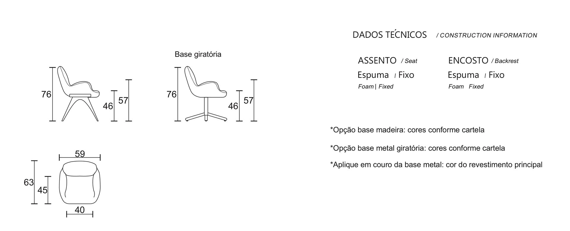 Cadeira Alpha fixa base madeira 996 desenho