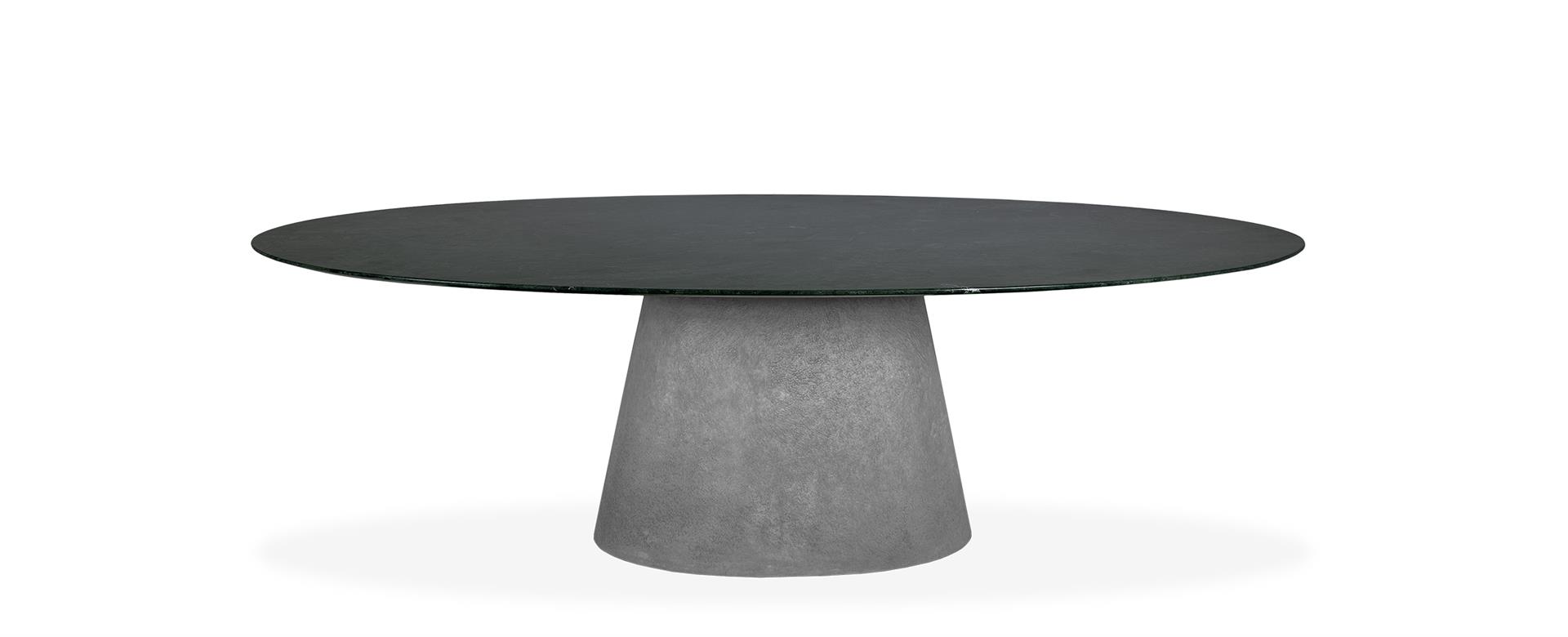 Mesa de Jantar Vick Oval Mármore Verde Guatemala Base Concreto